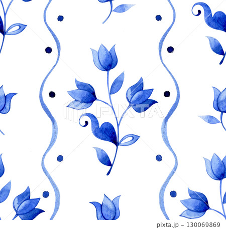 classic seamless watercolor pattern with cute blue flowers bows and ribbons 130069869