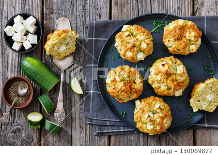 Greek Style Zucchini Feta Muffins, top view Greek Style Zucchini Feta Muffins, top view 130069877