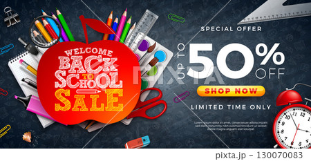 Back to School Sale Banner Design with Apple, Colorful Pencil, Brush and School Items on Black Chalkboard Background. Vector Business Concept Illustration with Special Offer Typography Elements for Back to School Sale Banner Design with Apple, Colorful Pencil, Brush and School Items on Black Chalkboard Background. Vector Business Concept Illustration with Special Offer Typography Elements for 130070083