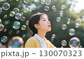 晴れた日の屋外の公園、太陽の光に照らされた無数のシャボン玉の中で戯れる無邪気な女性 130070323
