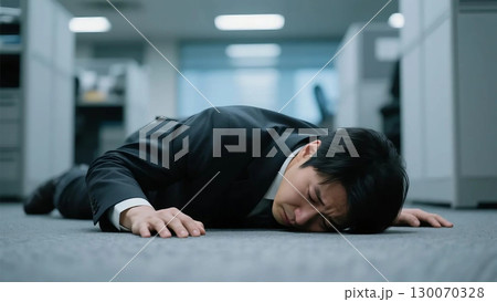 仕事に疲れてオフィスに倒れ込むビジネスマン(疲労困憊、絶望、敗北感、急病) 130070328
