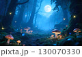 幻想的な光に包まれた満月の夜の森と光るキノコのファンタジー背景 130070330