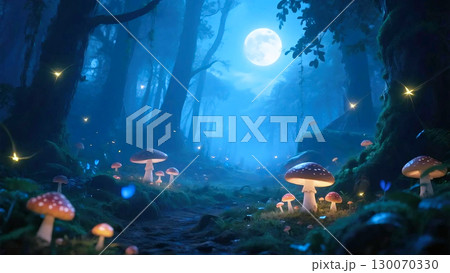 幻想的な光に包まれた満月の夜の森と光るキノコのファンタジー背景 130070330