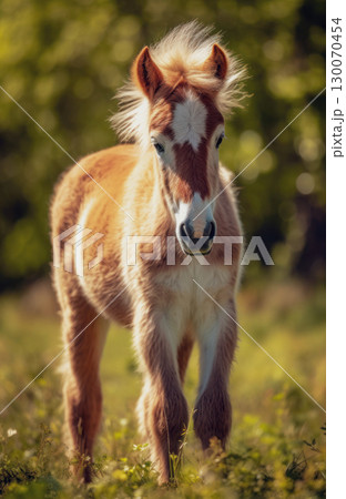 Adorable foal in green meadow 130070454