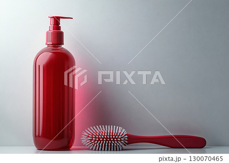 Cleaning tools. Brush next to a detergent bottle on a light background. Commercial use. 130070465