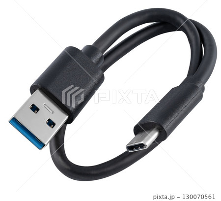 Black cable with USB and Type-C connectors, on a white background 130070561