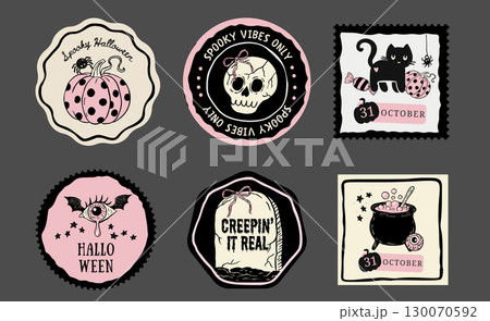 Retro Vintage Halloween Sticker Set With Skull, Black Cat, Cauldron, Pumpkin And Creepy Typography 130070592