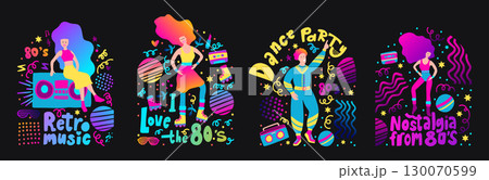 Retro Music Party Poster Print 80s 90s Neon Background Girl With Boombox Print Set Happy Pop Vector Retro Music Party Poster Print 80s 90s Neon Background Girl With Boombox Print Set Happy Pop Vector 130070599