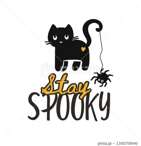 Halloween Party Black Cat Whimsical Kids Print Spooky Text Banner Text Happy Halloween Vector T-Shirt 130070640