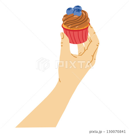 Human hand holding cupcake with blueberry and cream. Holiday dessert vector illustration with gesture 130070841