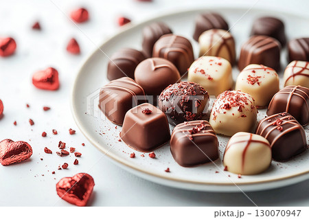 Premium chocolate dessert. White plate filled with a balanced assortment of dark and milk chocolates. For gourmet chocolate companies or luxury food brands. 130070947