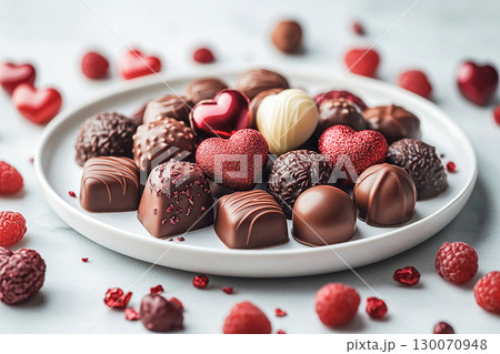 Wedding desserts. White plate filled with a balanced assortment of dark and milk chocolates. For gourmet chocolate companies or luxury food brands. 130070948