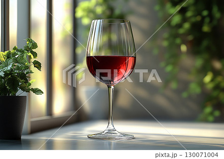 Romantic evening. Elegant Wine Glass filled with red wine. Mockup for wine industry branding. 130071004