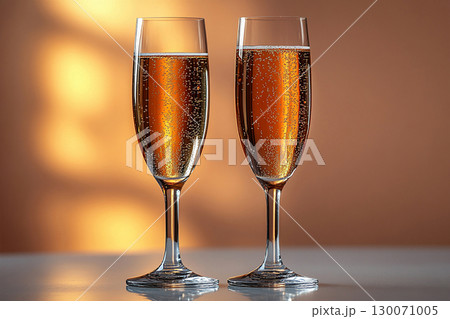 Gourmet experience. Two elegant Wine Glass filled with Champagne wine. 130071005