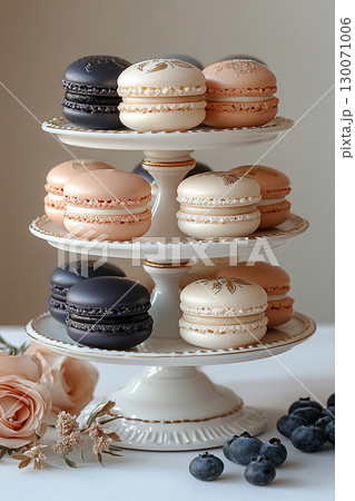 Various colored macarons on dessert stand with soft lighting. Trending aesthetics. 130071006