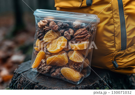 Food on the go. Nutritious snacks. Freeze-dried fruit and nuts in a transparent zip bag on a tree stump next to yellow backpack. Food on the go. Nutritious snacks. Freeze-dried fruit and nuts in a transparent zip bag on a tree stump next to yellow backpack. 130071032