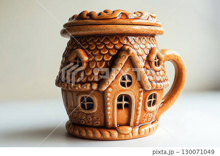 Modern kitchen tableware. Gingerbread house shaped ceramic cup with lid on a white background. Christmas atmosphere. 130071049