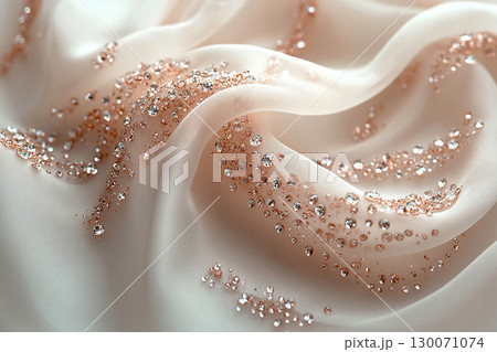 Haute couture or decor. Fabric texture. Bridal tulle fabric with crystal embellishments on a white background. 130071074