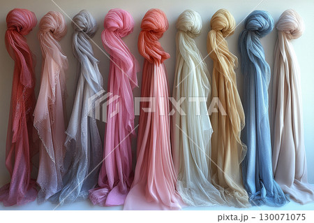 Lighting. Crisp details. Diversity of bridal tulle with crystal embellishments is hanging on the wall. Lighting. Crisp details. Diversity of bridal tulle with crystal embellishments is hanging on the wall. 130071075