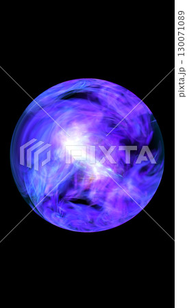 Abstract glowing purple and blue energy sphere with swirling smoke effect on black background 130071089
