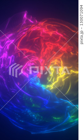 Abstract swirl of rainbow-colored glowing energy with fluid motion and luminous mesh textures 130071094