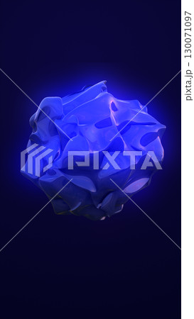 Glowing blue organic abstract 3D shape floating in dark space with illuminated surface reflections Glowing blue organic abstract 3D shape floating in dark space with illuminated surface reflections 130071097