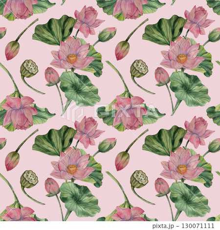 Hand drawn lotus watercolor pattern with blooming pink flowers and green leaves. Watercolor style. Natural palette. Ideal for textile print wallpaper wrapping paper fabric surface design Hand drawn lotus watercolor pattern with blooming pink flowers and green leaves. Watercolor style. Natural palette. Ideal for textile print wallpaper wrapping paper fabric surface design 130071111