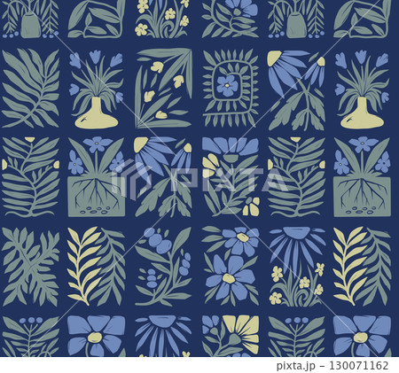 Seamless groovy linocut vector floral pattern with decorative botanical frames 130071162