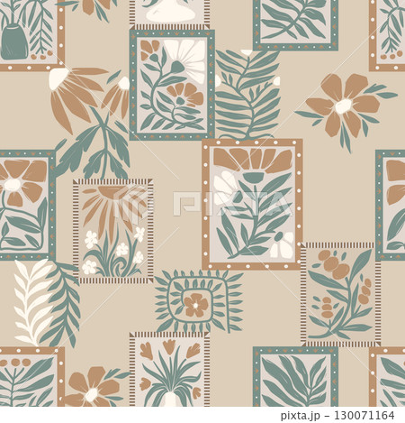 Seamless groovy linocut vector floral pattern with decorative botanical frames Seamless groovy linocut vector floral pattern with decorative botanical frames 130071164