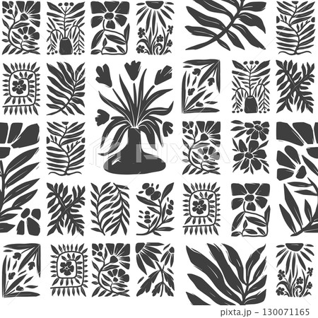 Seamless groovy linocut vector floral pattern with decorative botanical frames 130071165