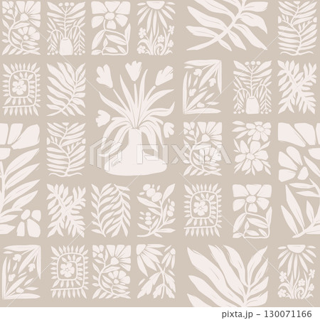 Seamless groovy linocut vector floral pattern with decorative botanical frames 130071166