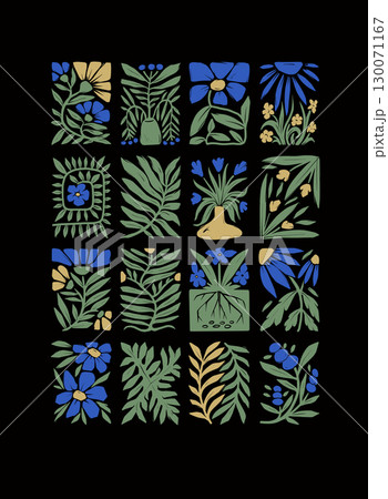 Groovy linocut vector flowers seamless pattern with bold decorative design 130071167