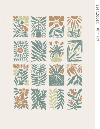 Groovy linocut vector flowers seamless pattern with bold decorative design 130071168