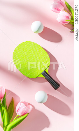 Green Table Tennis Paddle And White Balls With Tulips On Pink Background For Spring Sports Visuals, Active Lifestyle Concepts, Seasonal Fitness Inspiration, And Ping Pong Competition Green Table Tennis Paddle And White Balls With Tulips On Pink Background For Spring Sports Visuals, Active Lifestyle Concepts, Seasonal Fitness Inspiration, And Ping Pong Competition 130071270