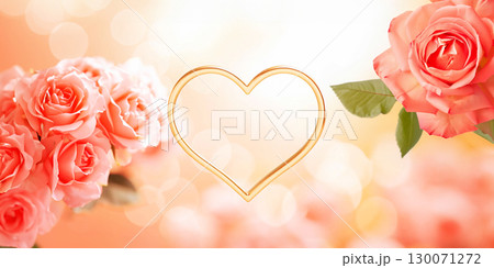Romantic Floral Frame With Pink Roses And Golden Heart On Soft Bokeh Background. Concept Of Valentine s Day, Wedding Invitations, Love Greetings, And Elegant Seasonal Floral Design 130071272