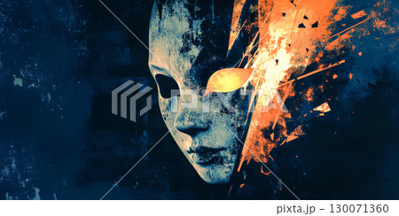 Abstract Mask With Fiery Orange Glowing Eye On Dark Blue Background For Fantasy Art Visuals, Storytelling, Surreal Concept Design, Mysterious Character Themes, And Modern Digital Illustration Trends 130071360