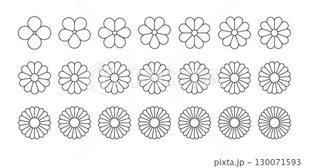 Flower petal shape icons set. Infographic circle diagram. Pie simple chart. Flower leaves geometric graphic element. Round wheel chart. Line vector illustration isolated on white background 130071593