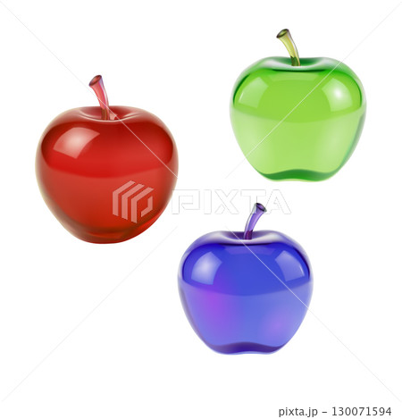 Three glossy apple icons. Shiny fruit illustration health nutrition nature art. Food juice cooking education web design. Glossy style white background vector illustration 130071594