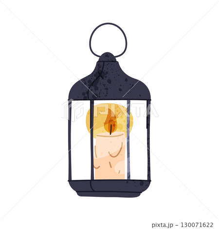 Candle lantern or vintage candlestick. Vector icon for retro street illumination and medieval decoration. Evening and night light with wick and heat. Traditional gothic decor element. Antique sign. 130071622