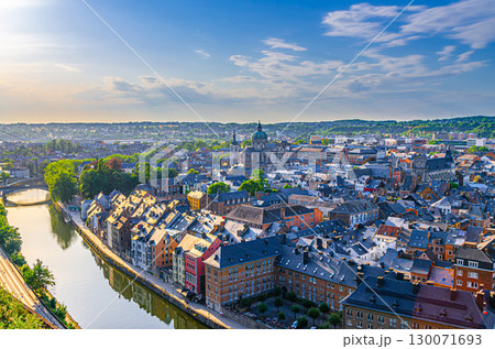 Namur cityscape, aerial panoramic view of Namur city historical center with Sambre river embankment and St Aubin's cathedral, skyline panorama of Namur fields on horizon, Wallonia Region, Belgium 130071693