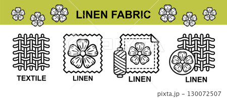 Linen flax fabric textile sewing clothing material line icon. Cotton cloth fiber. Thread yarn spool. Soft eco natural flower plant clothes tissue. Woven texture. Tailoring garment fashion label vector 130072507
