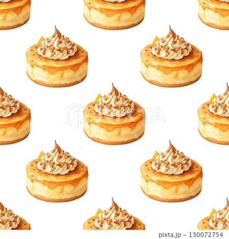 Fall-themed repeating pattern featuring delicate watercolor pumpkin vanilla cakes for Thanksgiving. Versatile design for gift wrap and holiday decorations 130072754