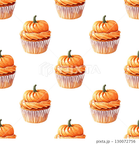 Fall-themed repeating pattern featuring delicate watercolor pumpkin cupcakes. Versatile design for product packaging, gift wrap, and seasonal decorations Fall-themed repeating pattern featuring delicate watercolor pumpkin cupcakes. Versatile design for product packaging, gift wrap, and seasonal decorations 130072756