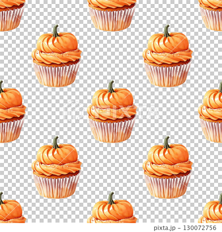 Fall-themed repeating pattern featuring delicate watercolor pumpkin cupcakes. Versatile design for product packaging, gift wrap, and seasonal decorations Fall-themed repeating pattern featuring delicate watercolor pumpkin cupcakes. Versatile design for product packaging, gift wrap, and seasonal decorations 130072756