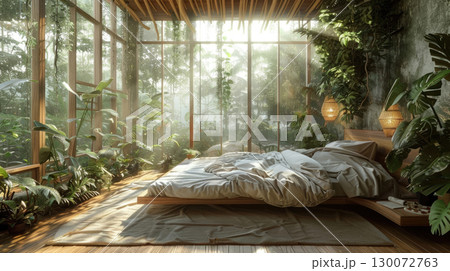 Nature-inspired bedroom featuring organic double bed, living green walls, and reclaimed wood surfaces. Biophilic design blending comfort with organic beauty 130072763