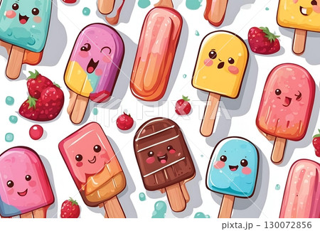 Illustration of colorful cartoon showcasing various delicious-looking ice popsicles in different flavors and vibrant hues. AI Generated 130072856