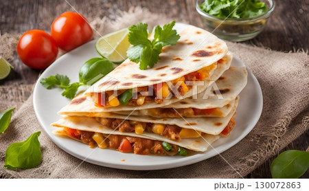 Cheese quesadillas, cut into easy-to-eat wedges and served alongside a vibrant bowl of fresh salsa for dipping. AI Generated 130072863