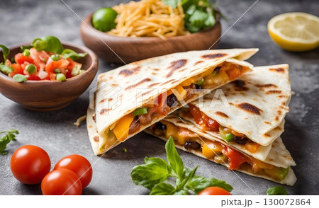 Quesadilla is a mexican-style pizza, similar shape and a main components of a round tortilla, sauce and cheese. AI Generated 130072864