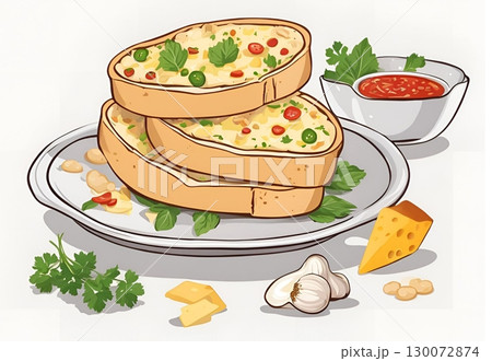 An illustration of a pile of garlic cheese bread slices made with French bread, a base of olive oil, fresh garlic, and herbs and topped with mozzarella and Parmigiano Reggiano cheeses. AI Generated 130072874