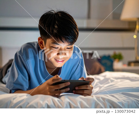 夜にベットでスマートフォンでゲームをする男子中学生 130073042